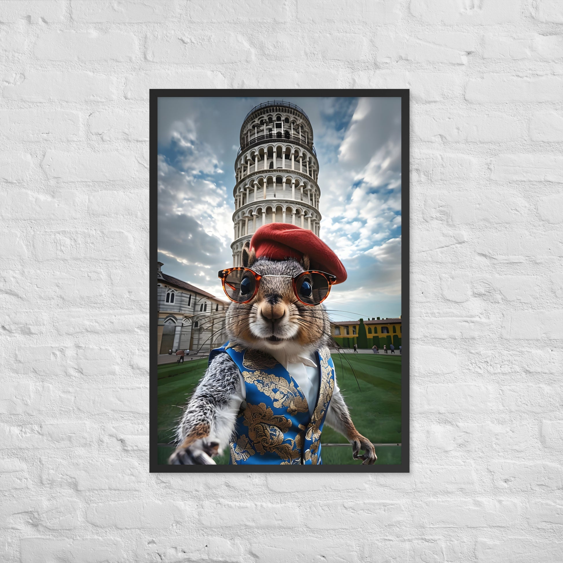 A full-view shot of the framed print, showing the squirrel in its outfit and the famous Leaning Tower in the background.
