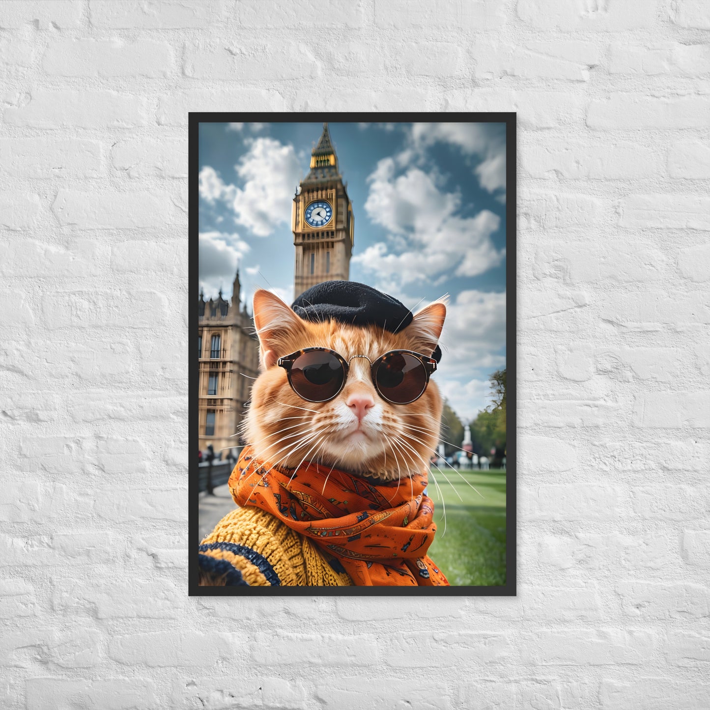 A full-view shot of the framed print, showing the cat's cozy outfit and the famous clock tower in the background.