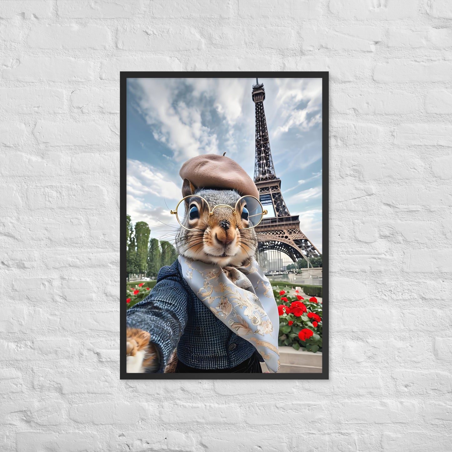 A full-view shot of the framed print, showing the squirrel in its outfit with the famous Eiffel Tower in the background.