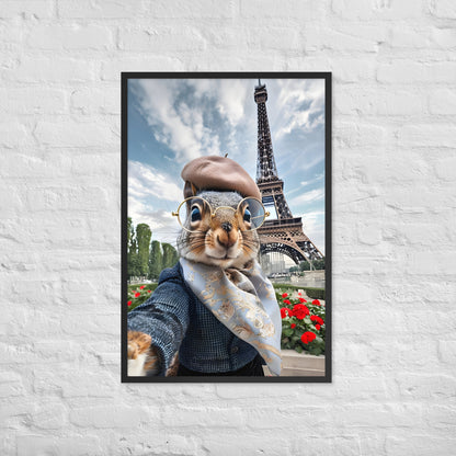 A full-view shot of the framed print, showing the squirrel in its outfit with the famous Eiffel Tower in the background.