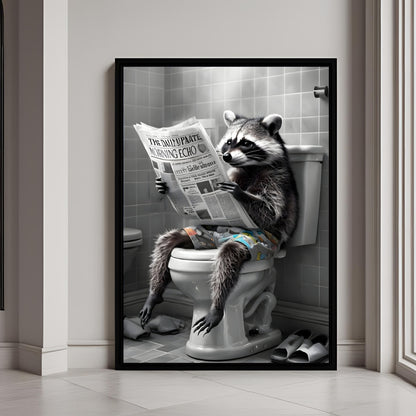 A humorous framed art print featuring a raccoon sitting on a toilet and reading a newspaper.