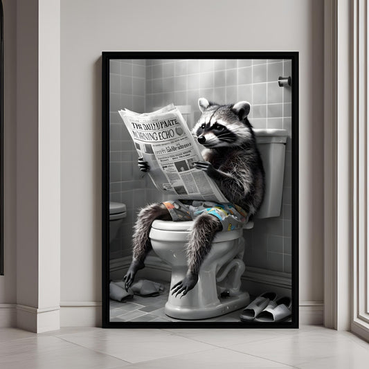 A humorous framed art print featuring a raccoon sitting on a toilet and reading a newspaper.