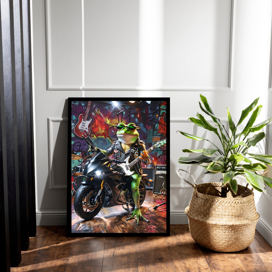 An angled shot of the framed frog art, highlighting its humorous and rebellious style, making it a great gift for bikers.
