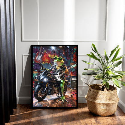 An angled shot of the framed frog art, highlighting its humorous and rebellious style, making it a great gift for bikers.