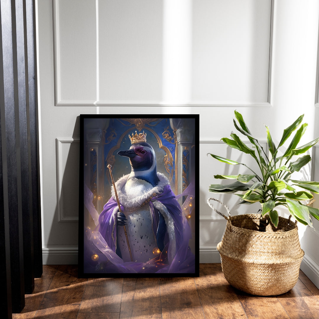 A full-view shot of the framed print, showing the humorous and unique style of the royal penguin.