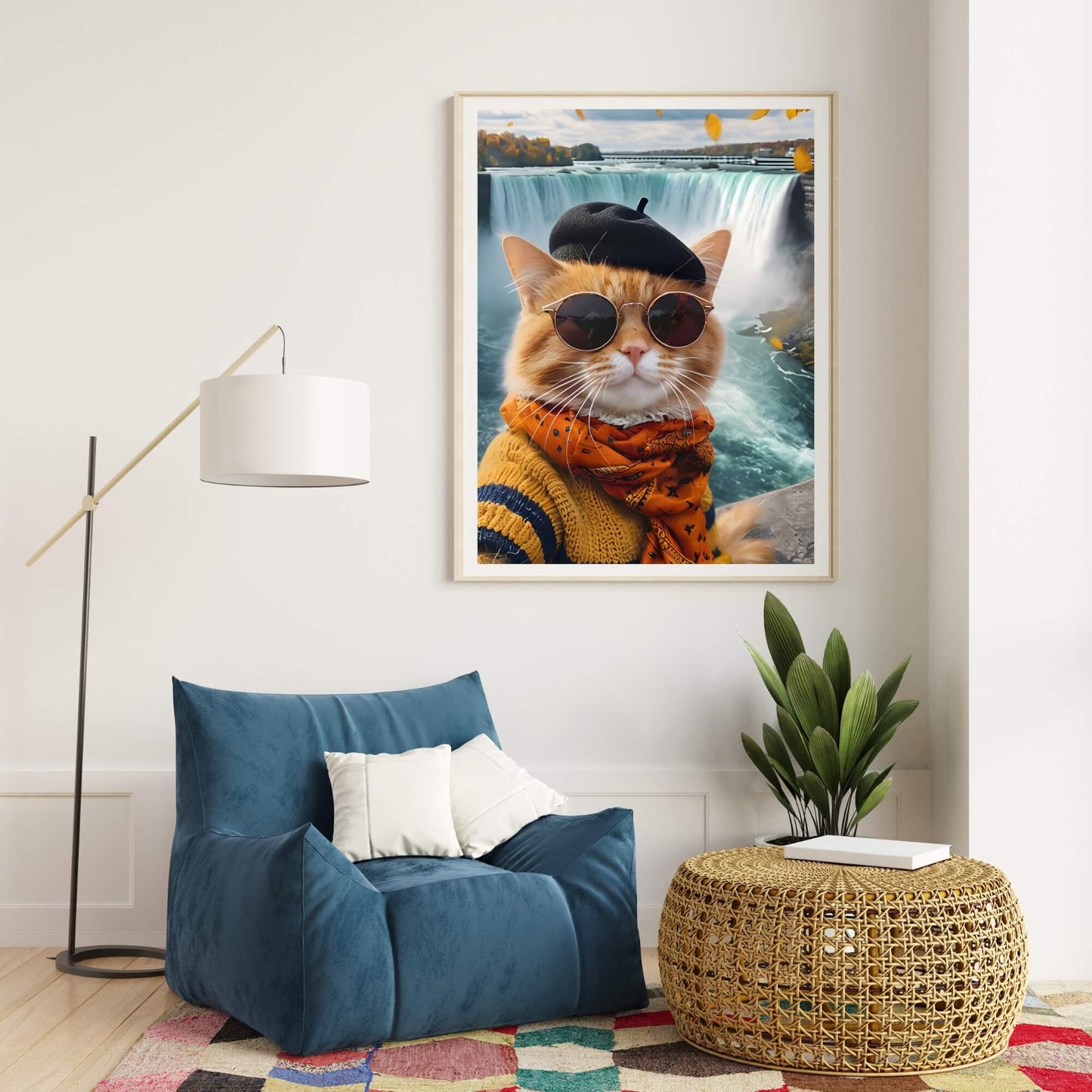 A humorous art print of a cat acting like a tourist in Canada, perfect for adding a fun touch to a living room or office.