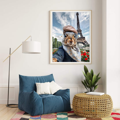 A humorous art print of a squirrel acting like a tourist in Paris, perfect for adding a fun touch to a living room or office.