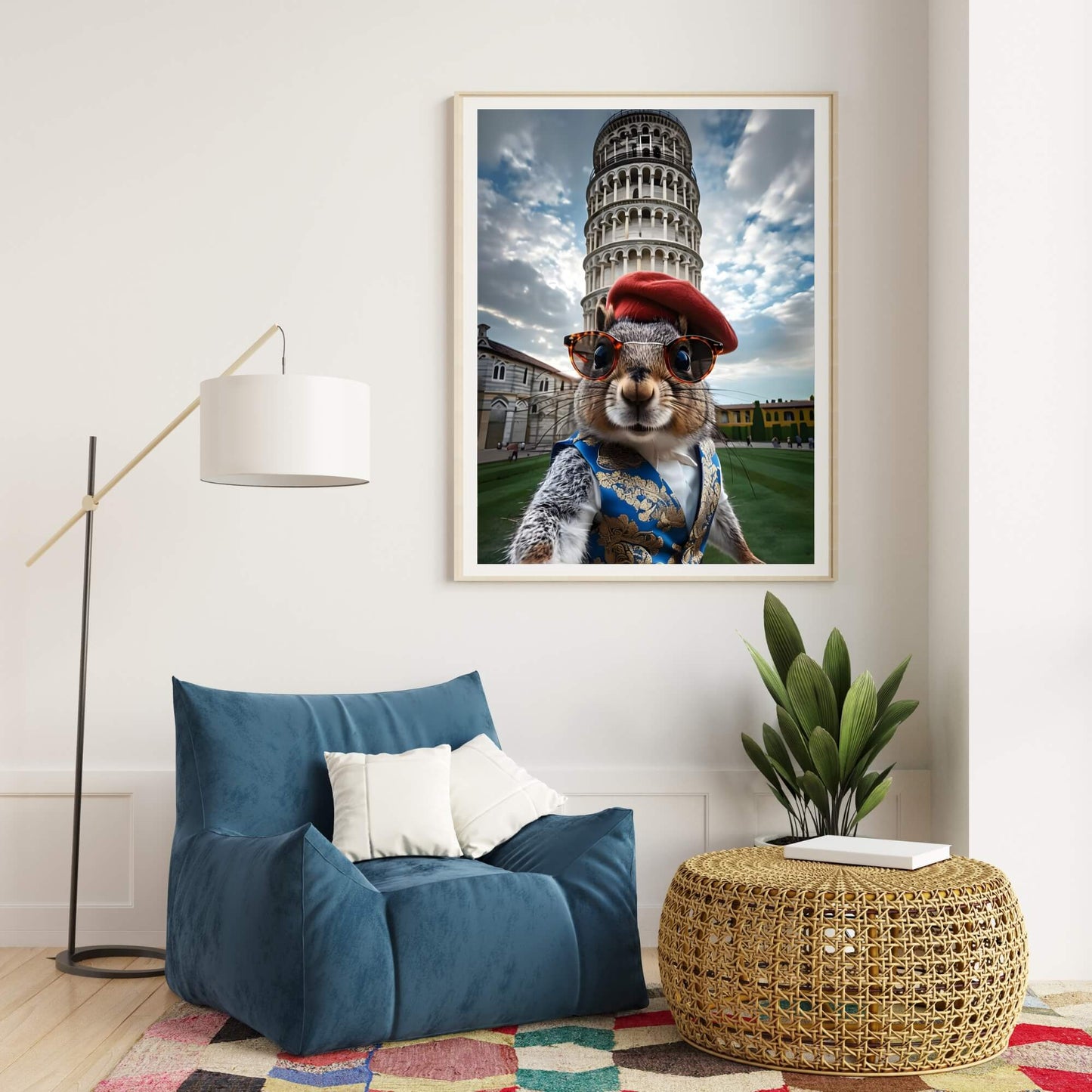 A humorous art print of a squirrel acting like a tourist in Italy, perfect for adding a fun touch to a living room or office.