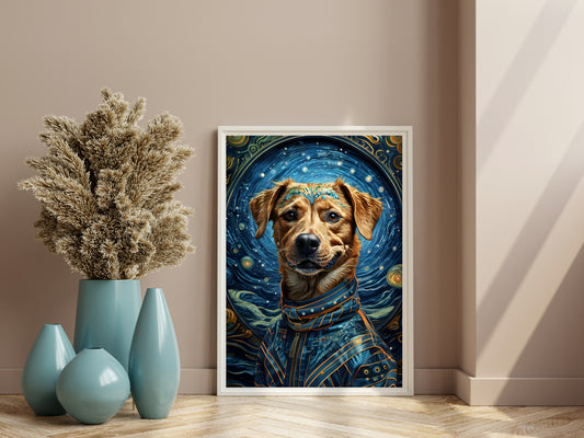 Close-up of a dog wearing a futuristic outfit in a space setting.

