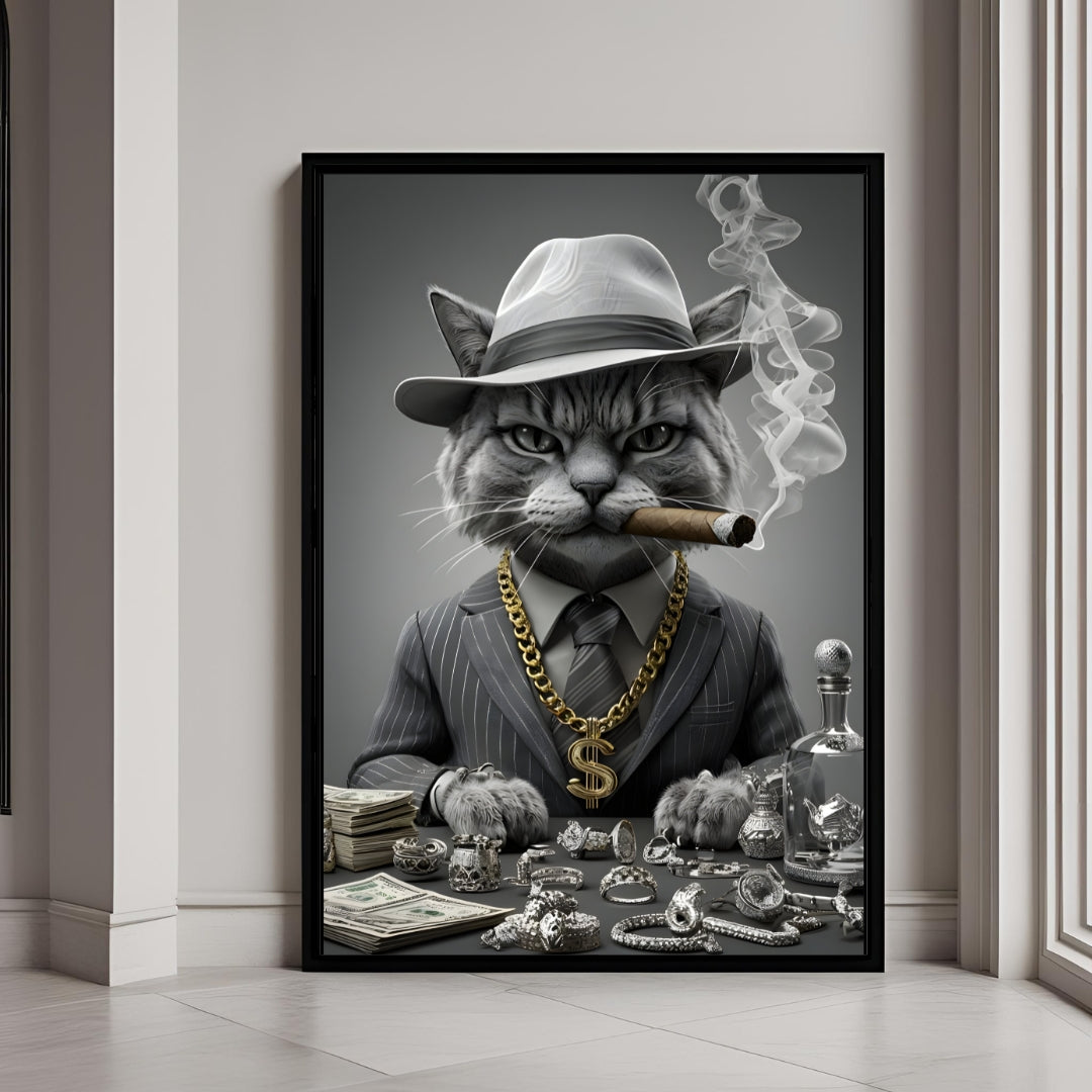 A framed print of a powerful cat boss, dressed in a suit, fedora, and gold chain.