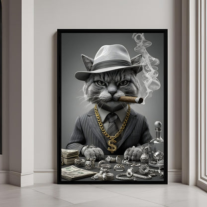 A framed print of a powerful cat boss, dressed in a suit, fedora, and gold chain.