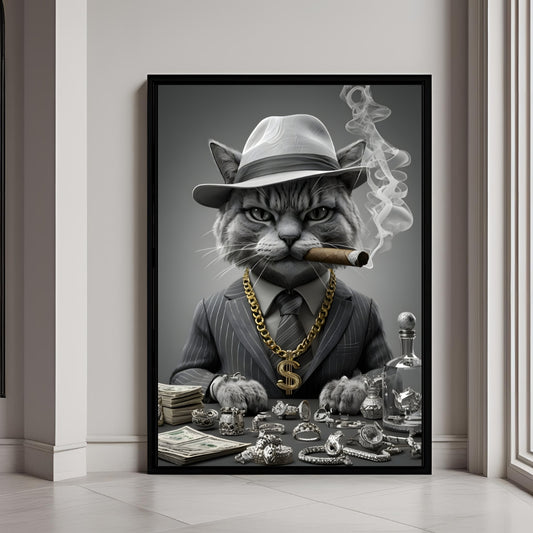 A framed print of a powerful cat boss, dressed in a suit, fedora, and gold chain.