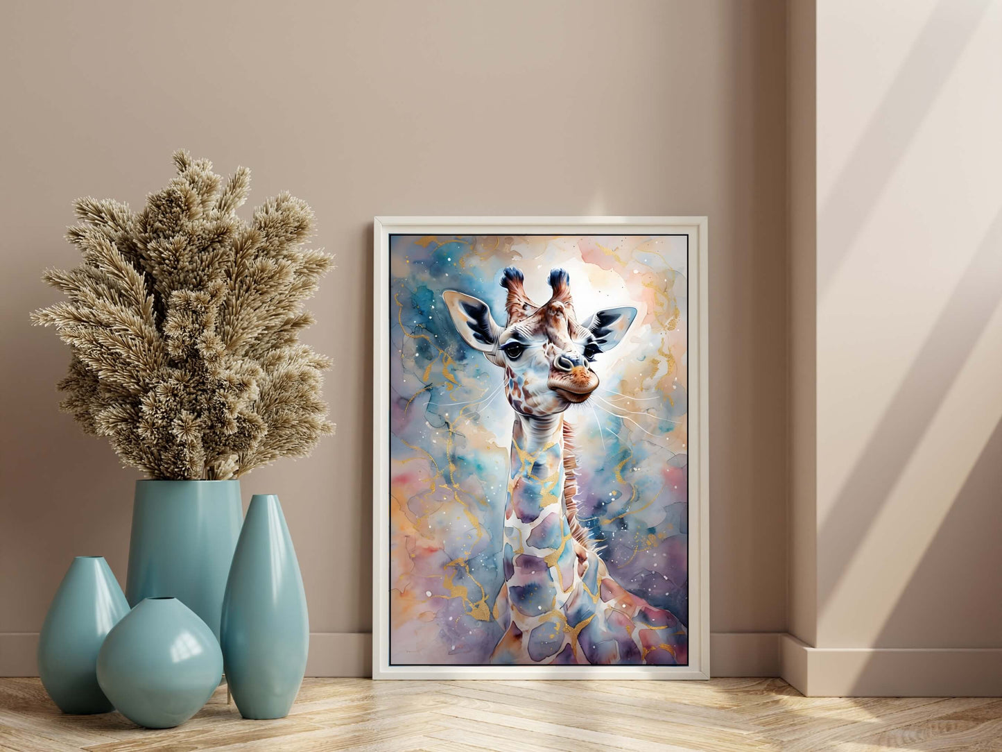 A portrait showcasing the gentle watercolor artistry and the soft, kind expression of the giraffe.
