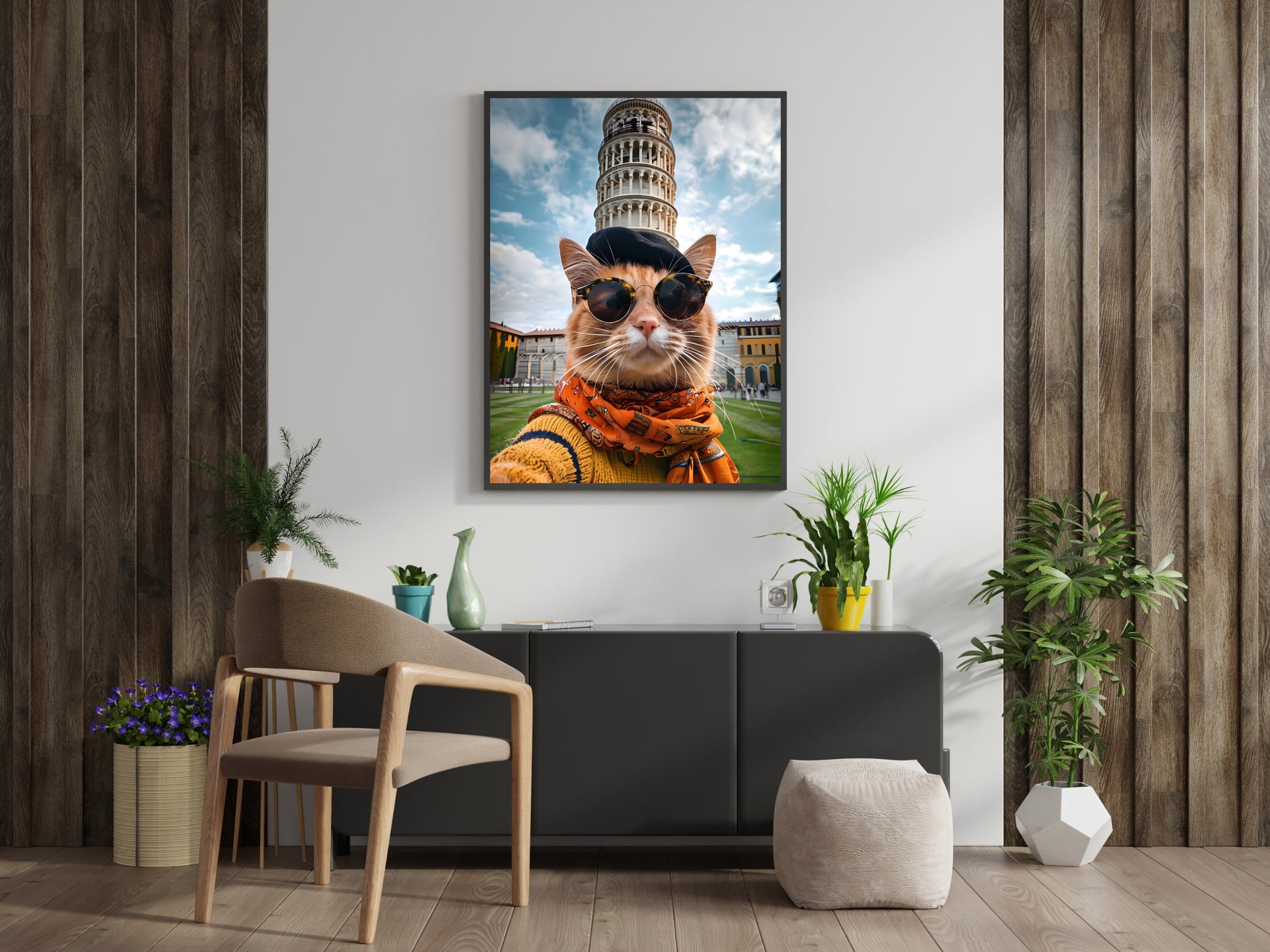 A framed artwork of a cat wearing sunglasses in Pisa.

