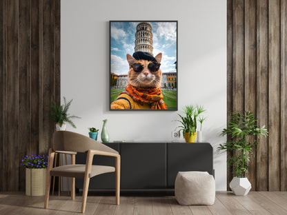 A framed artwork of a cat wearing sunglasses in Pisa.

