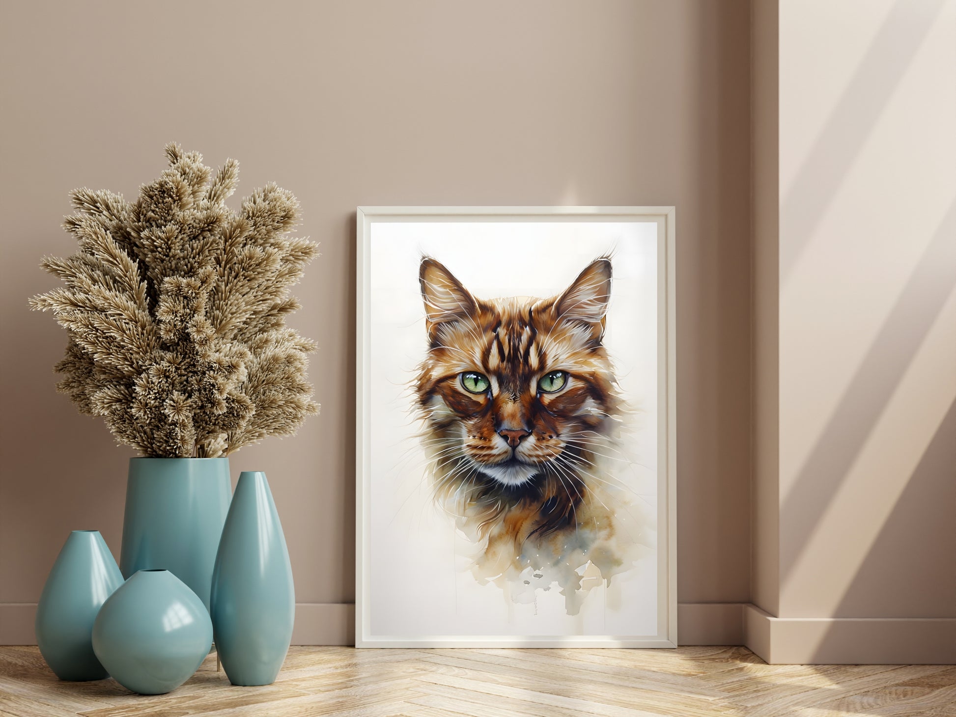 A realistic and detailed cat painting, a modern wall decor print

