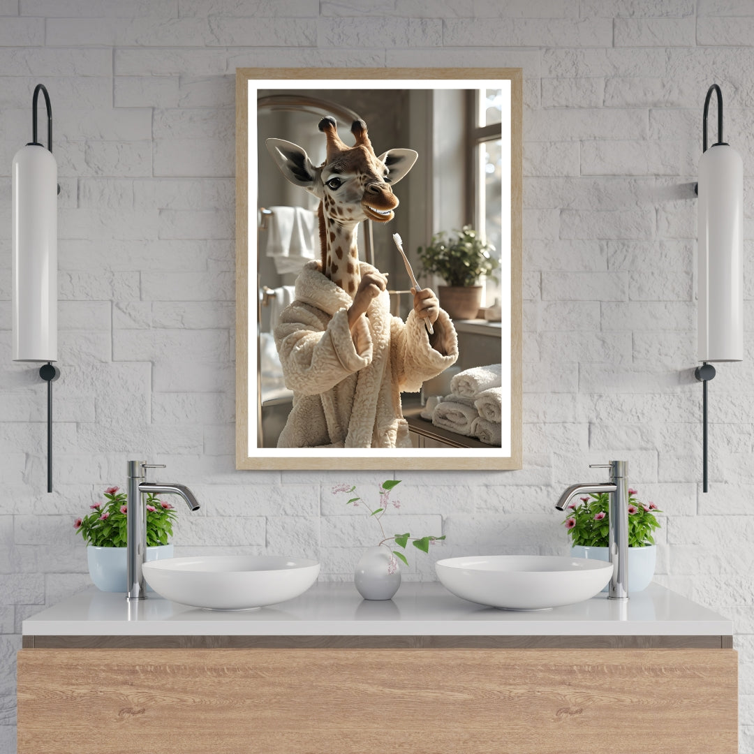 A humorous portrait of the giraffe looking into the mirror while diligently brushing its teeth.