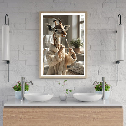 A humorous portrait of the giraffe looking into the mirror while diligently brushing its teeth.