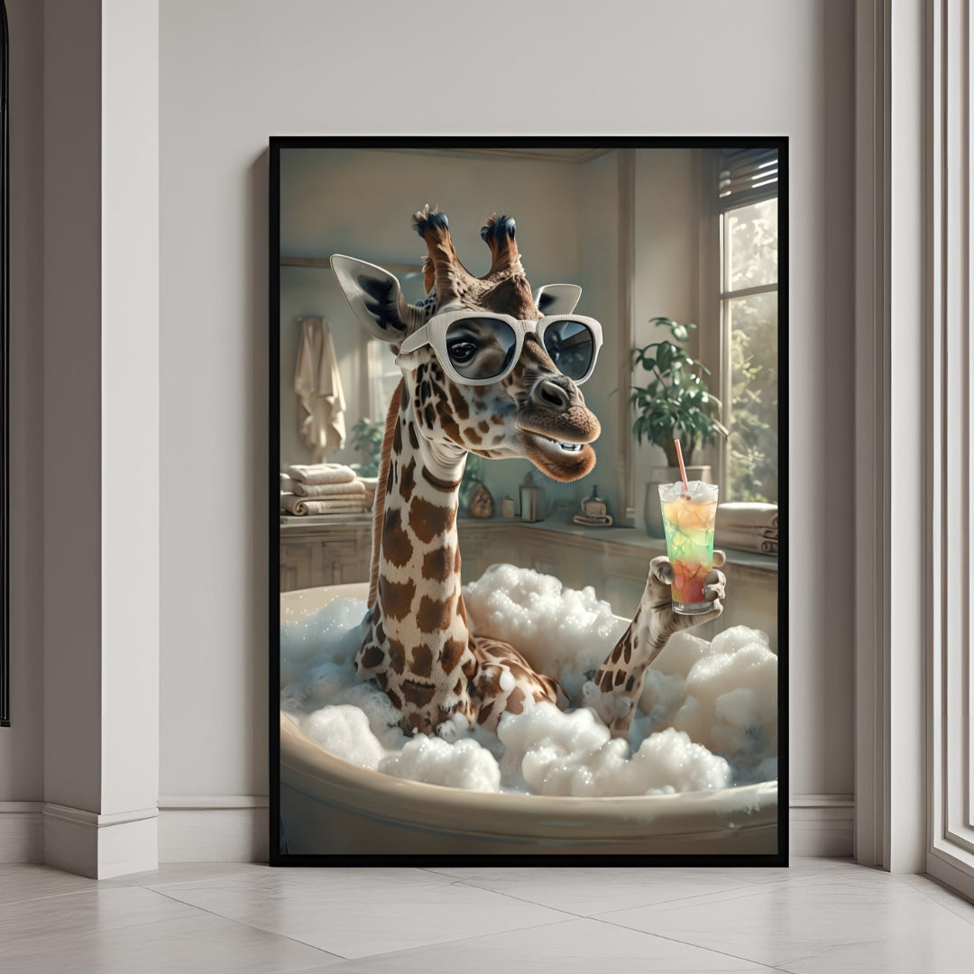 A hilarious framed print of a giraffe relaxing in a bubble bath, sipping a vibrant cocktail.