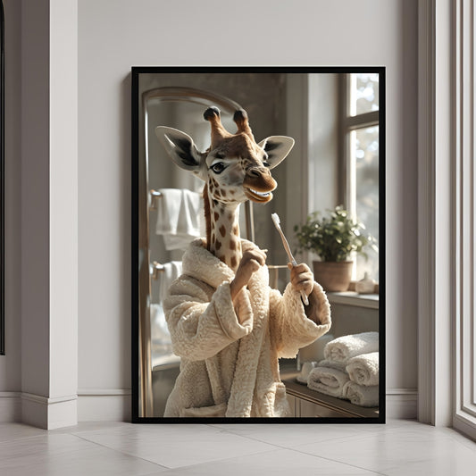 A framed print of a giraffe in a fluffy bathrobe, brushing its teeth in a bright bathroom.