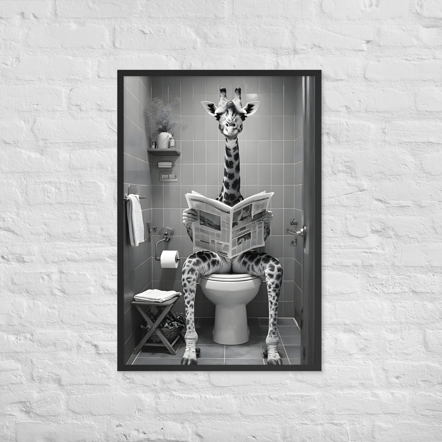 A detailed portrait focusing on the giraffe's pose and concentration while reading the newspaper.