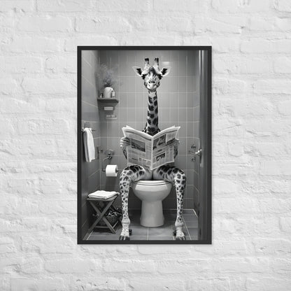 A detailed portrait focusing on the giraffe's pose and concentration while reading the newspaper.
