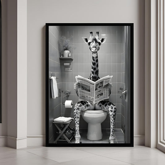 A framed black and white print of a giraffe sitting on a toilet and reading a newspaper.