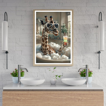 A close-up view showing the cool giraffe wearing stylish sunglasses in the luxurious tub.
