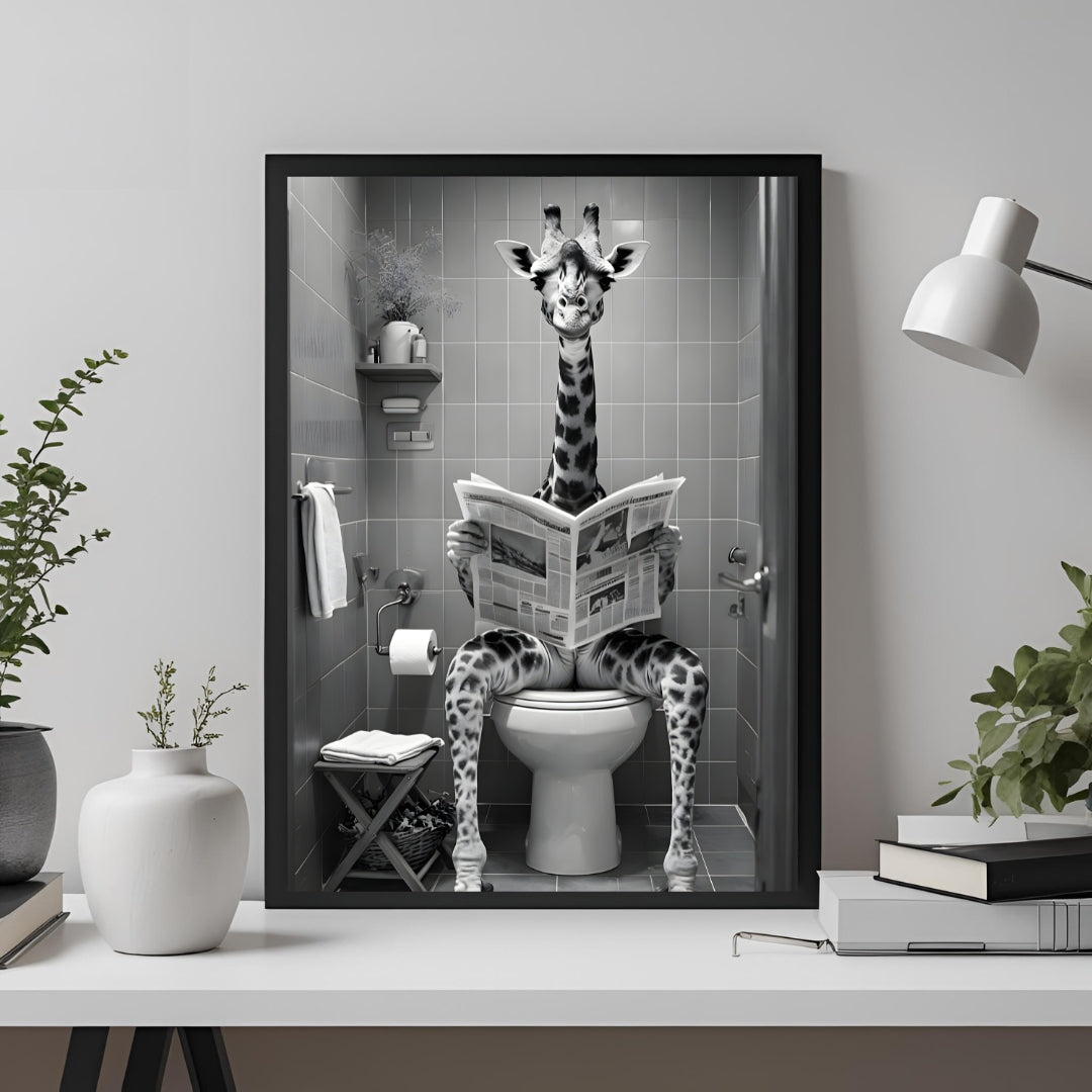 Funny Giraffe Reading Newspaper | Bathroom Art