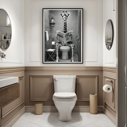 Funny Giraffe Reading Newspaper | Bathroom Art