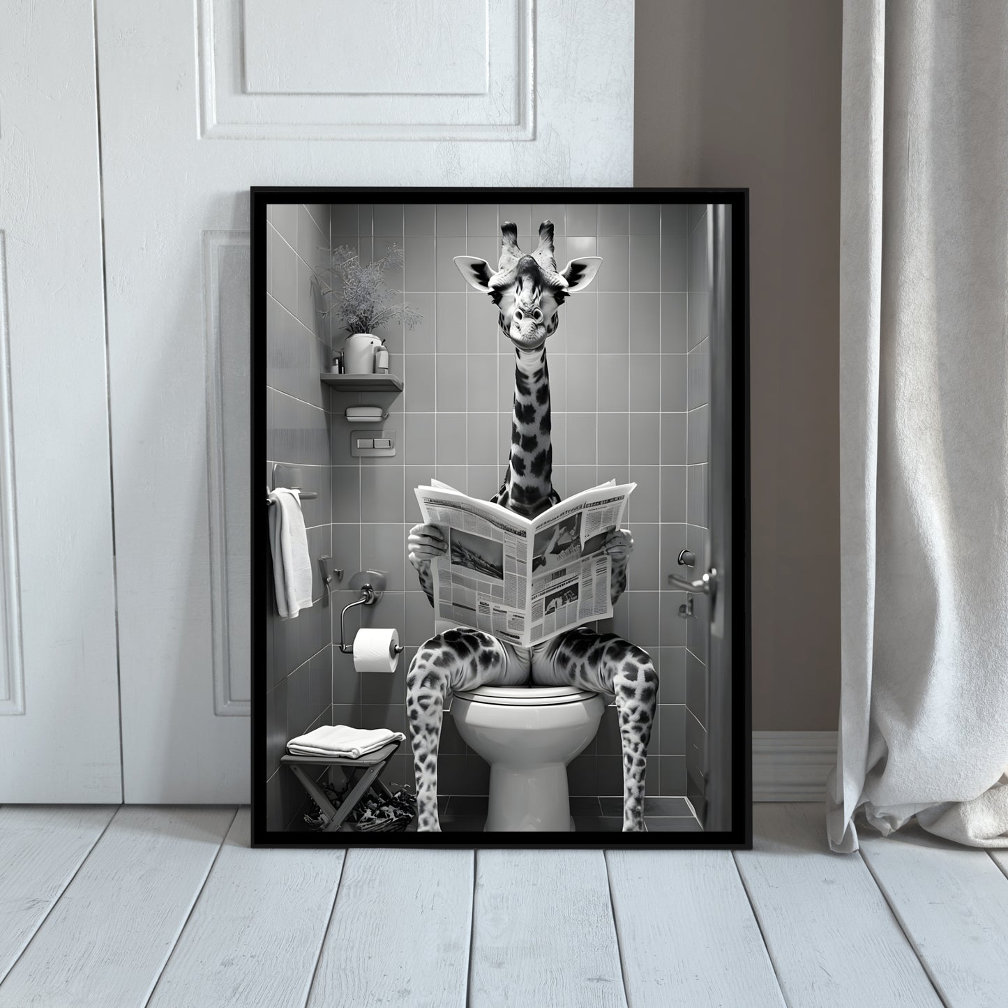 Funny Giraffe Reading Newspaper | Bathroom Art