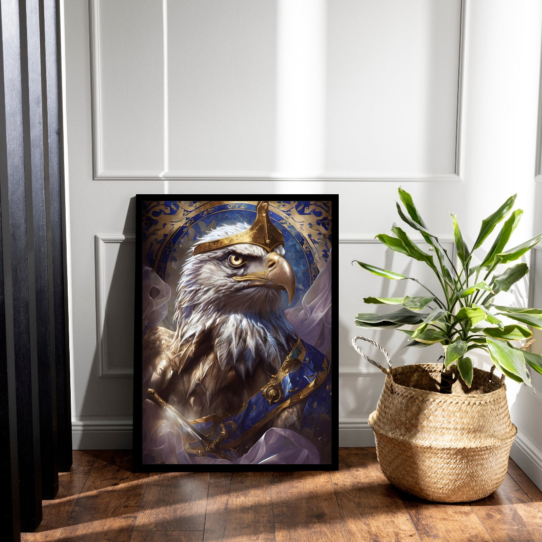 An angled shot highlighting the dramatic contrast between the eagle's white feathers and the rich gold and blue ornamental background.