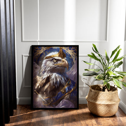 An angled shot highlighting the dramatic contrast between the eagle's white feathers and the rich gold and blue ornamental background.