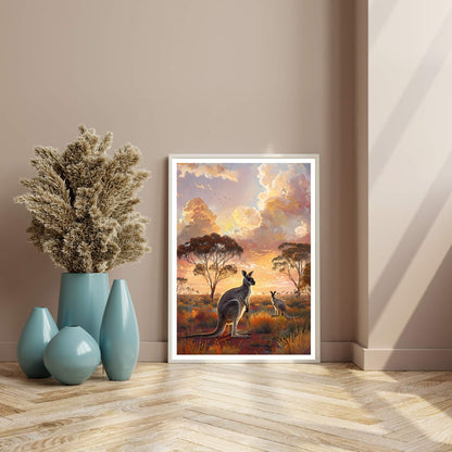 A close-up detail of the kangaroos, showing their peaceful presence against the vibrant backdrop.