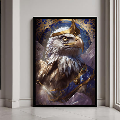 A beautiful framed portrait of a majestic bald eagle wearing a golden crown and regal blue sash.