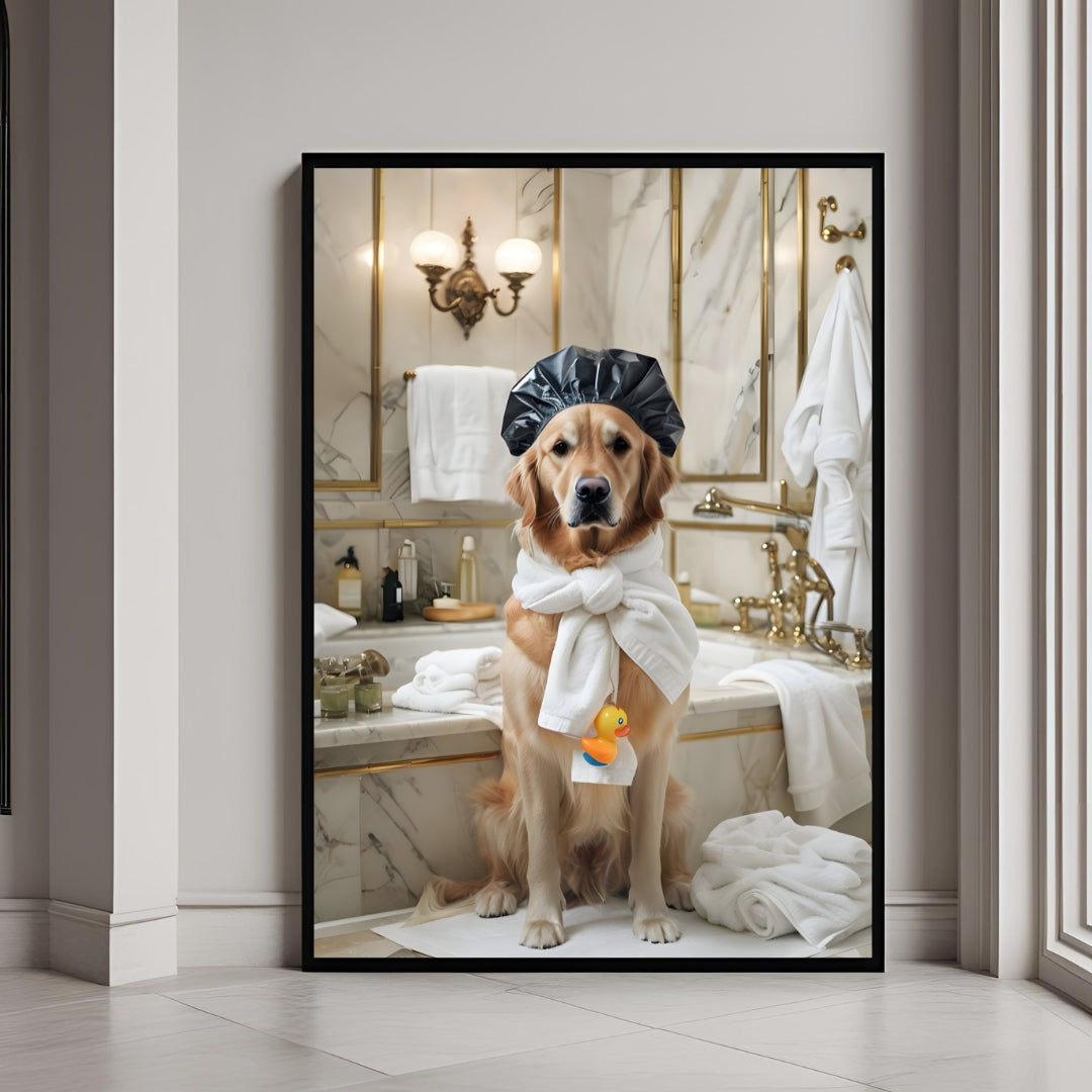 A charming portrait of a Golden Retriever wearing a shower cap and towel wrap after a luxurious bath.