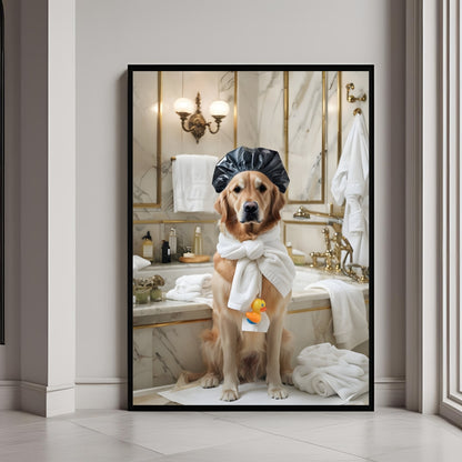 A charming portrait of a Golden Retriever wearing a shower cap and towel wrap after a luxurious bath.
