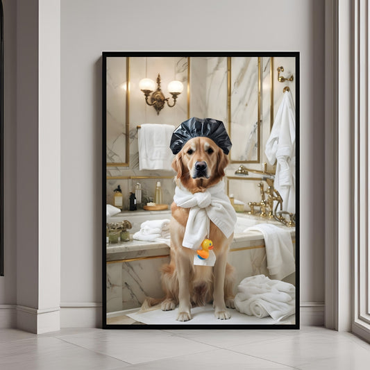 A charming portrait of a Golden Retriever wearing a shower cap and towel wrap after a luxurious bath.