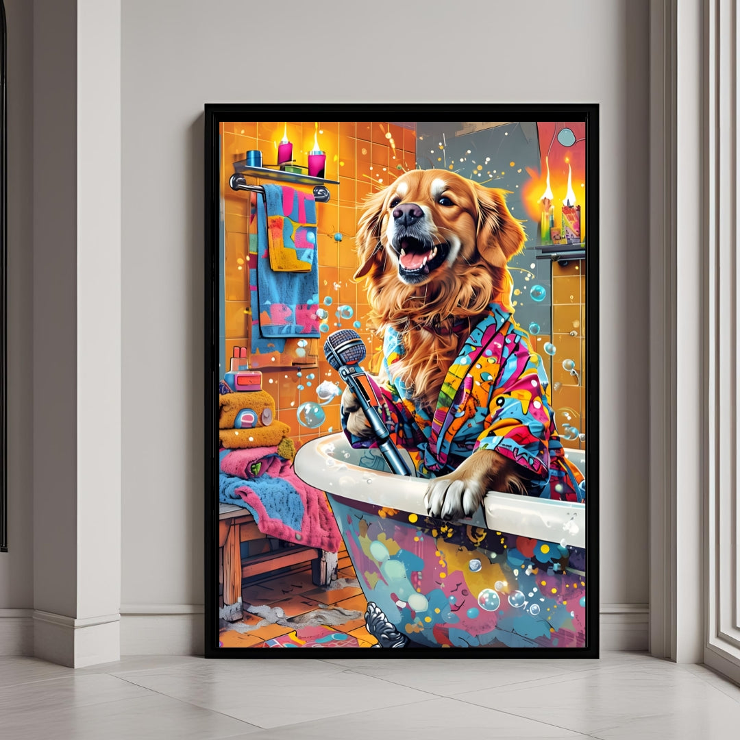 A humorous portrait of a Golden Retriever singing into a microphone from a splattered bathtub.