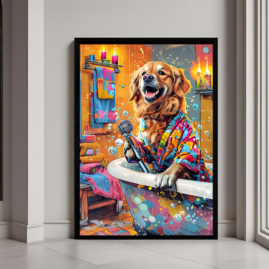 A humorous portrait of a Golden Retriever singing into a microphone from a splattered bathtub.