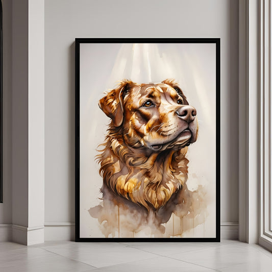 A watercolor portrait of a majestic golden retriever dog head

