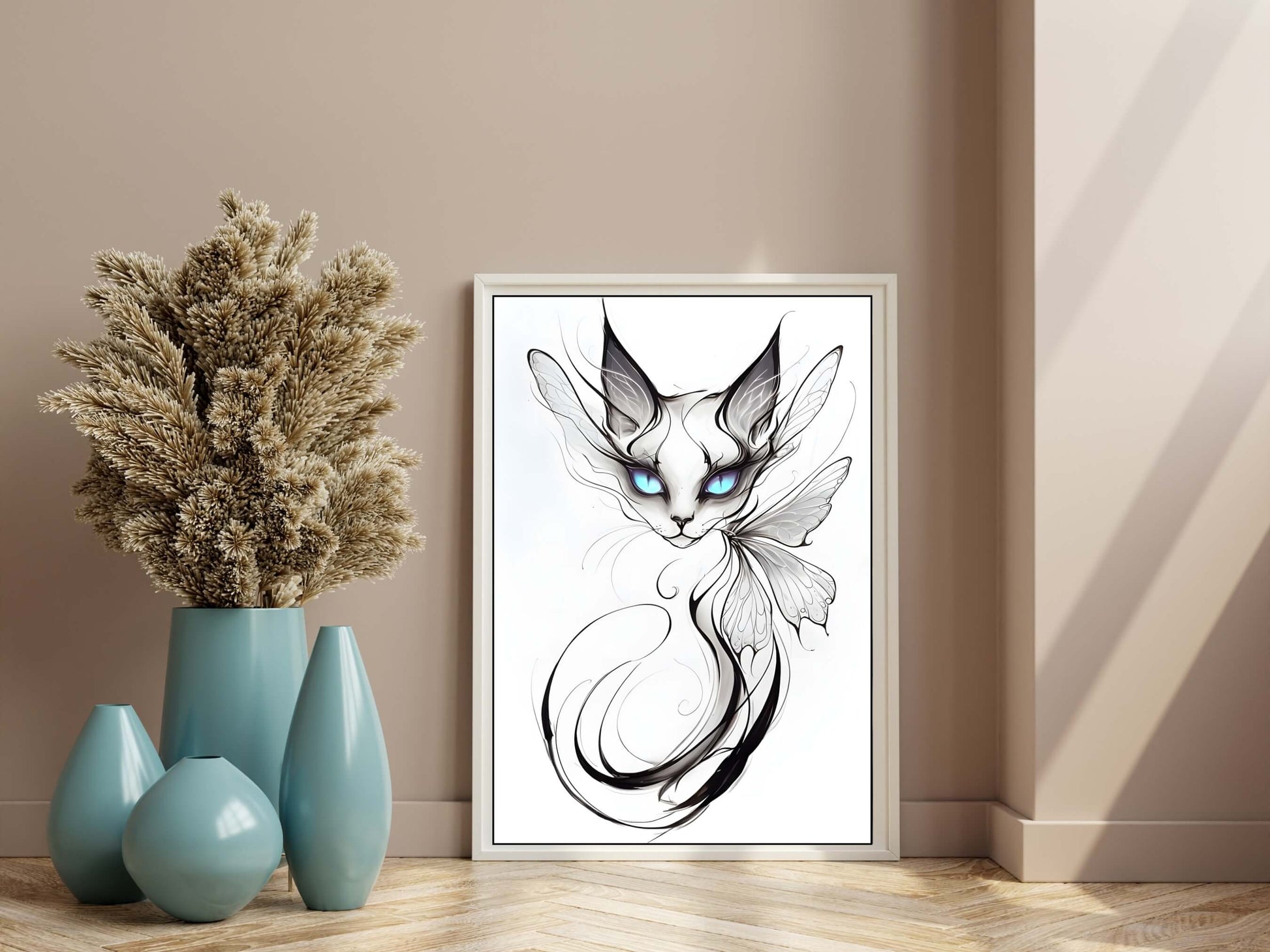 A black and white mystical cat, perfect for modern or gothic-inspired home decor and gallery walls.
