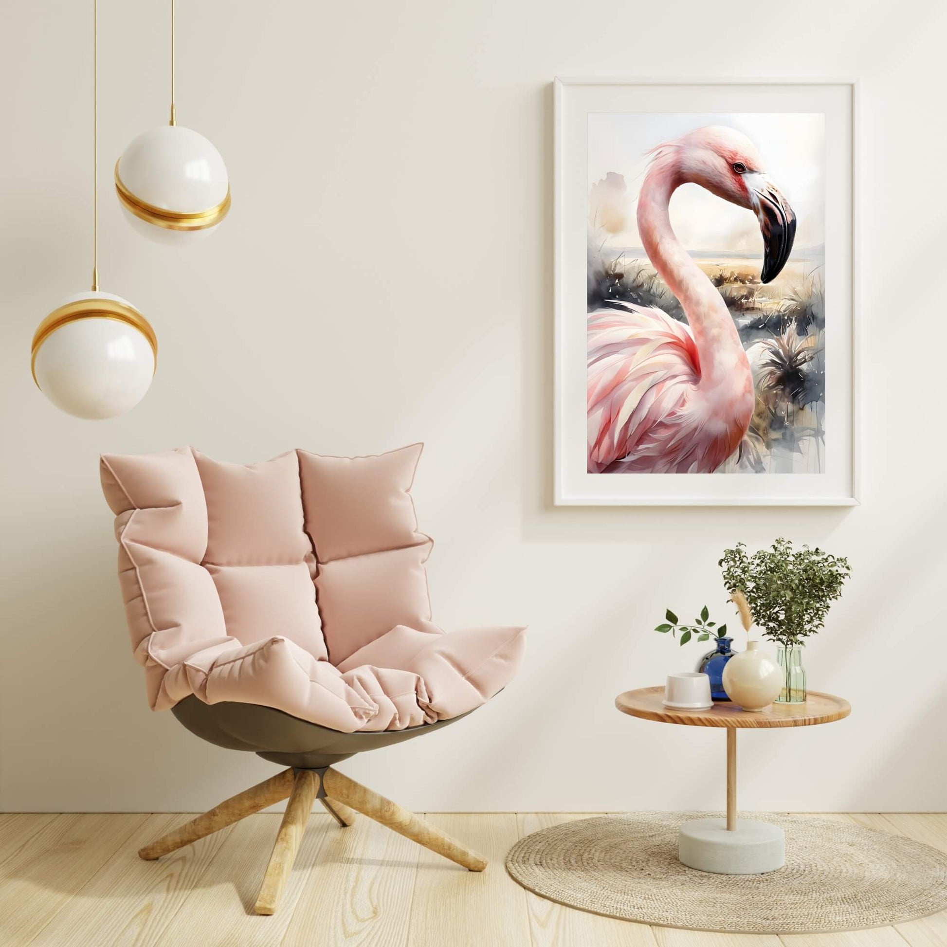 Framed art for bird lovers, depicting a vibrant pink flamingo in a contemporary watercolor painting.

