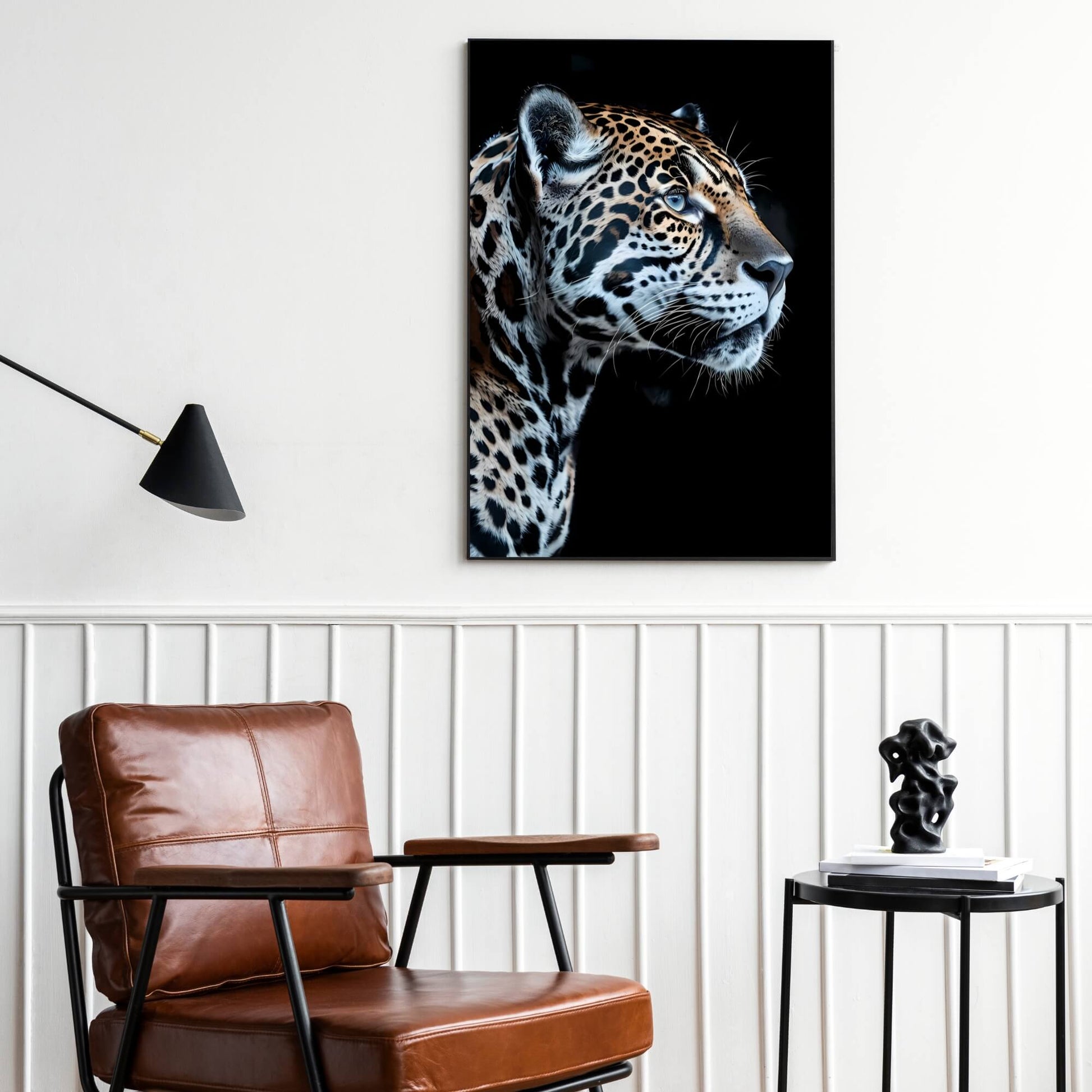 A powerful, high-contrast print emphasizing the elegant spotted coat of the jaguar.