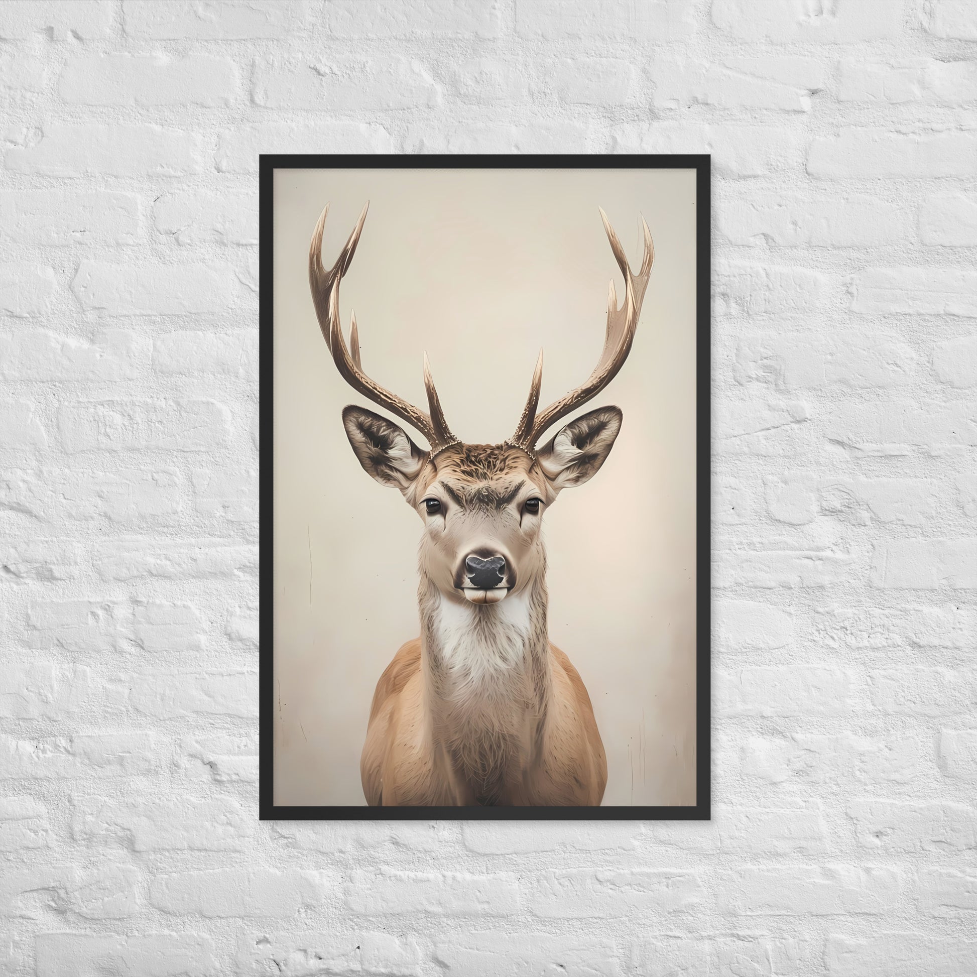 A vibrant and detailed framed art print of a stag, perfect for adding a touch of nature to your home.