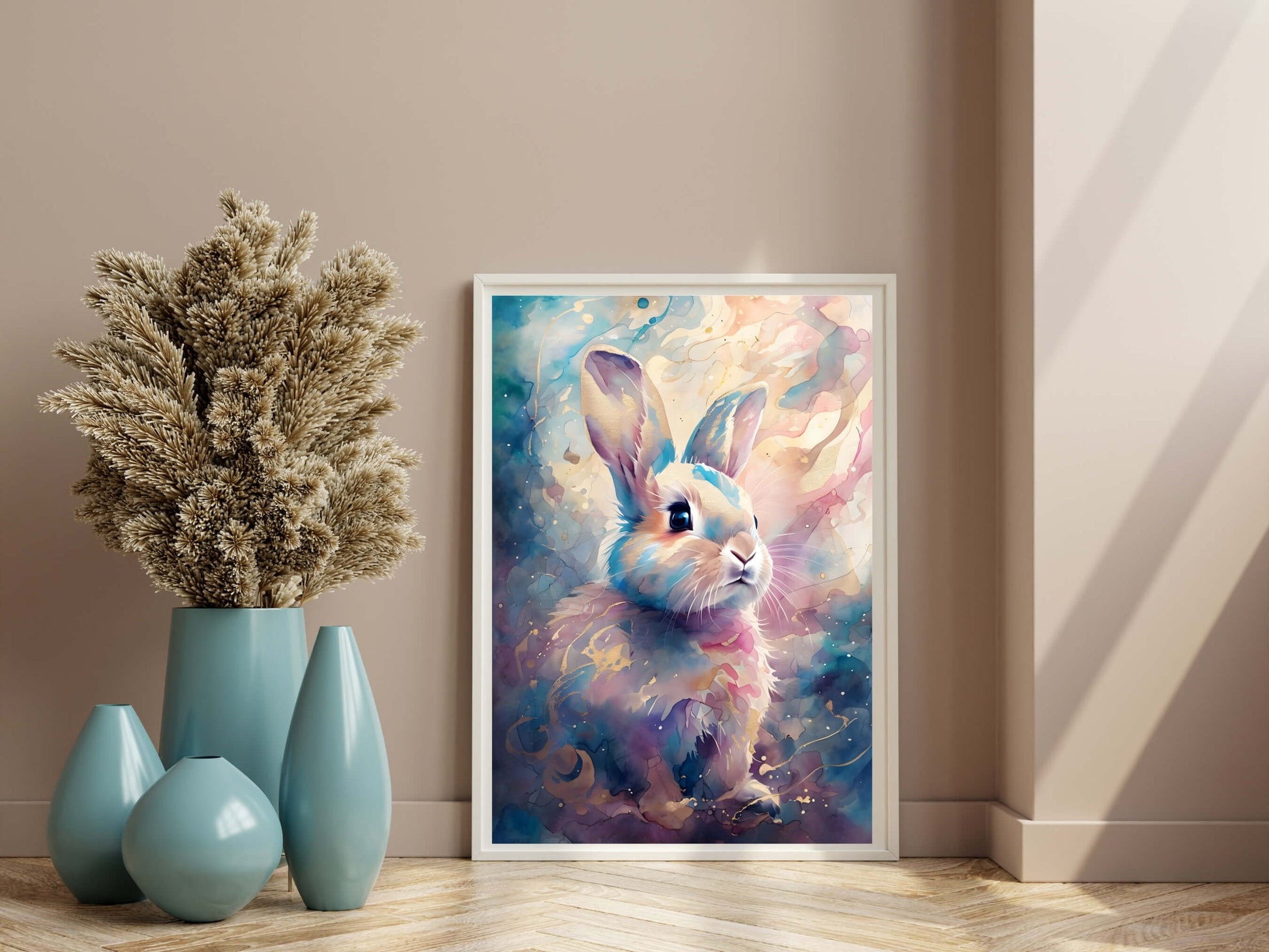 A close-up shot of the bunny's face, showing its sweet expression and the detailed watercolor style.