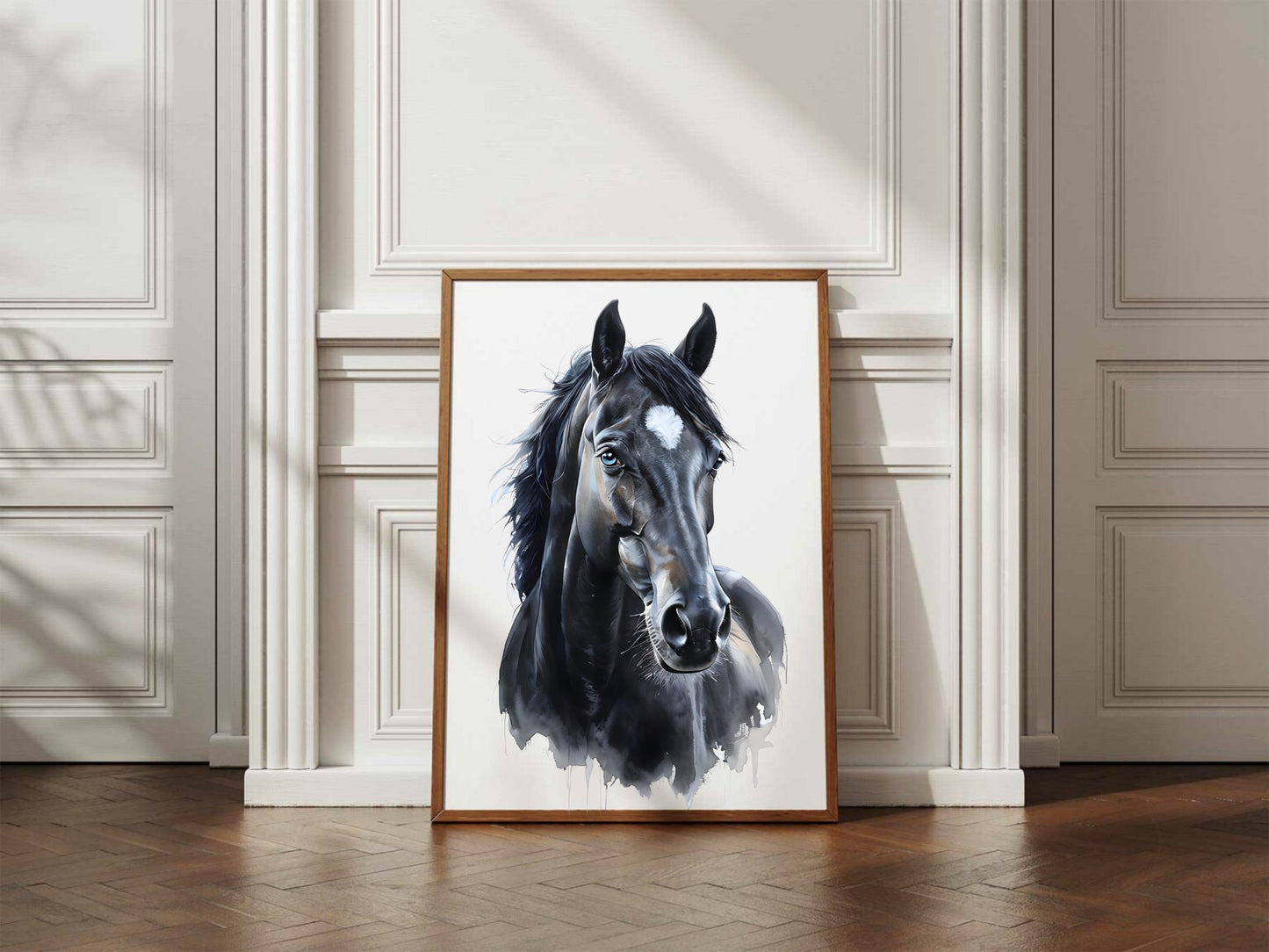 A realistic and serene horse painting with a dark, flowing mane.

