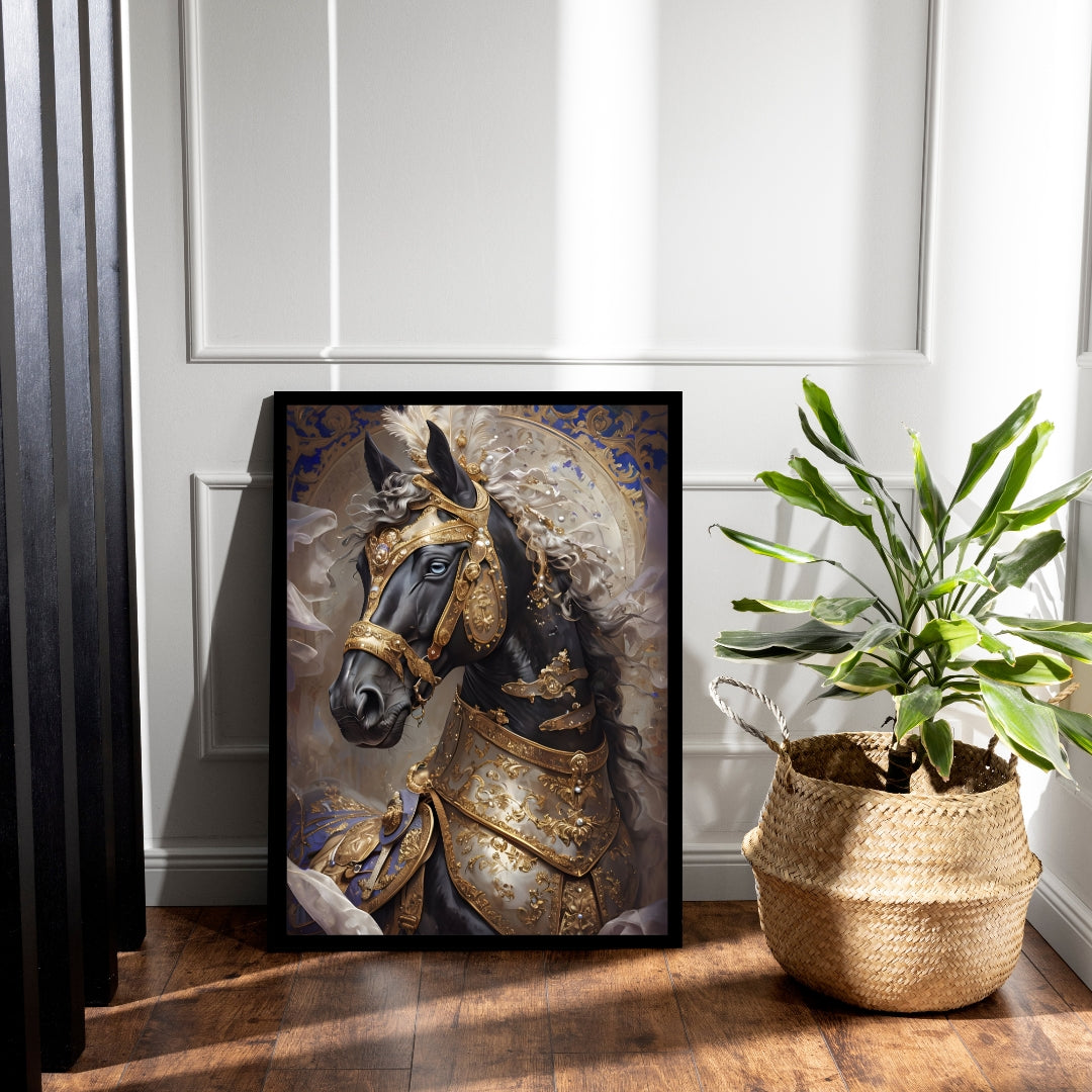 A close-up shot of the horse's face, showing its powerful expression and the intricate details of its armor.
