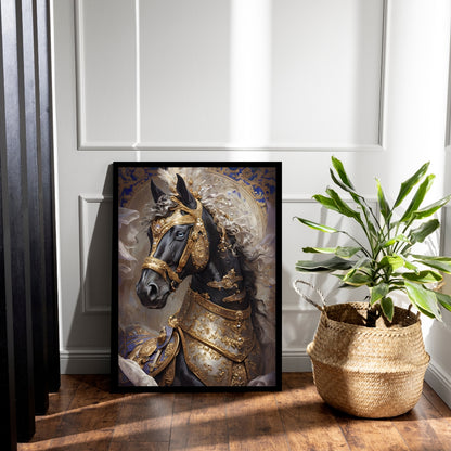 A close-up shot of the horse's face, showing its powerful expression and the intricate details of its armor.