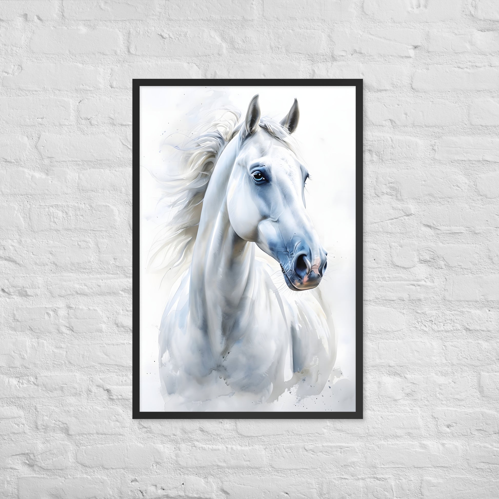  An angled view of the framed watercolor horse print, highlighting its quality and making it an ideal gift for horse lovers.